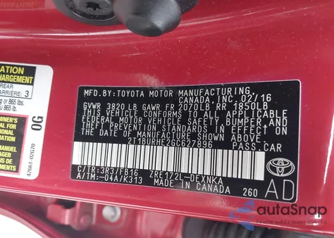 2016 Toyota Corolla Le из США, поврежденный, VIN 2T1BURHE2GC627896